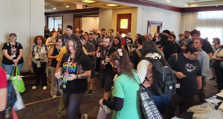 Symposium attendees in the hallway